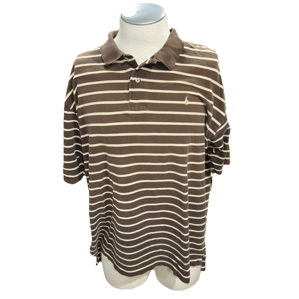 Polo Ralph Lauren Vintage Mens Shirt XXL 2XL Short Sleeve Brown Striped Polo